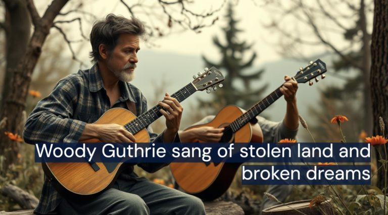 Woody Guthrie folk Music sang of stolen land and broken dreams .